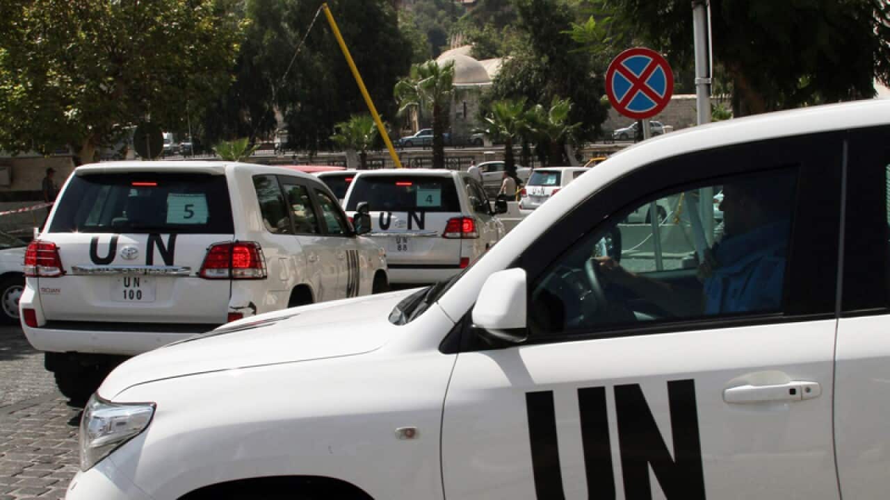 The convoy of UN inspectors leaving the Four Seasons hotel in Damascus