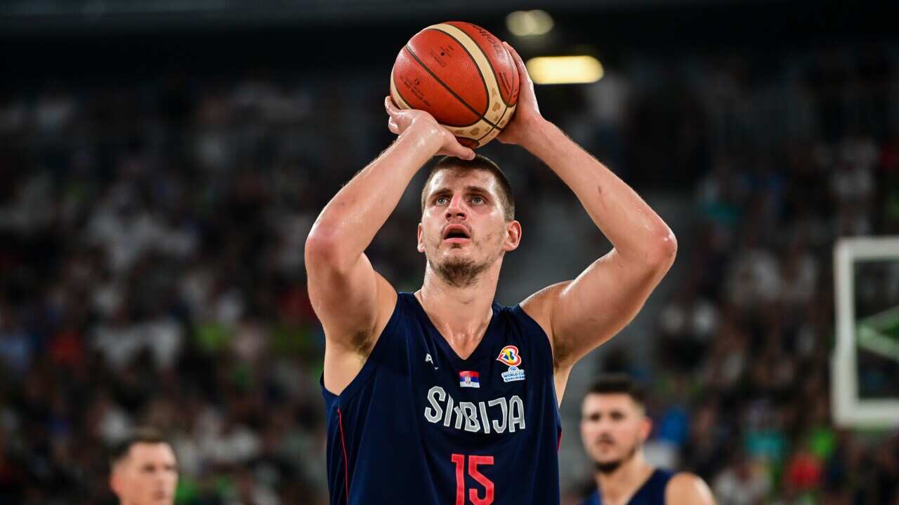 Nikola Jokic of Serbia in action during the International Friendly basketball match between Slovenia and Serbia