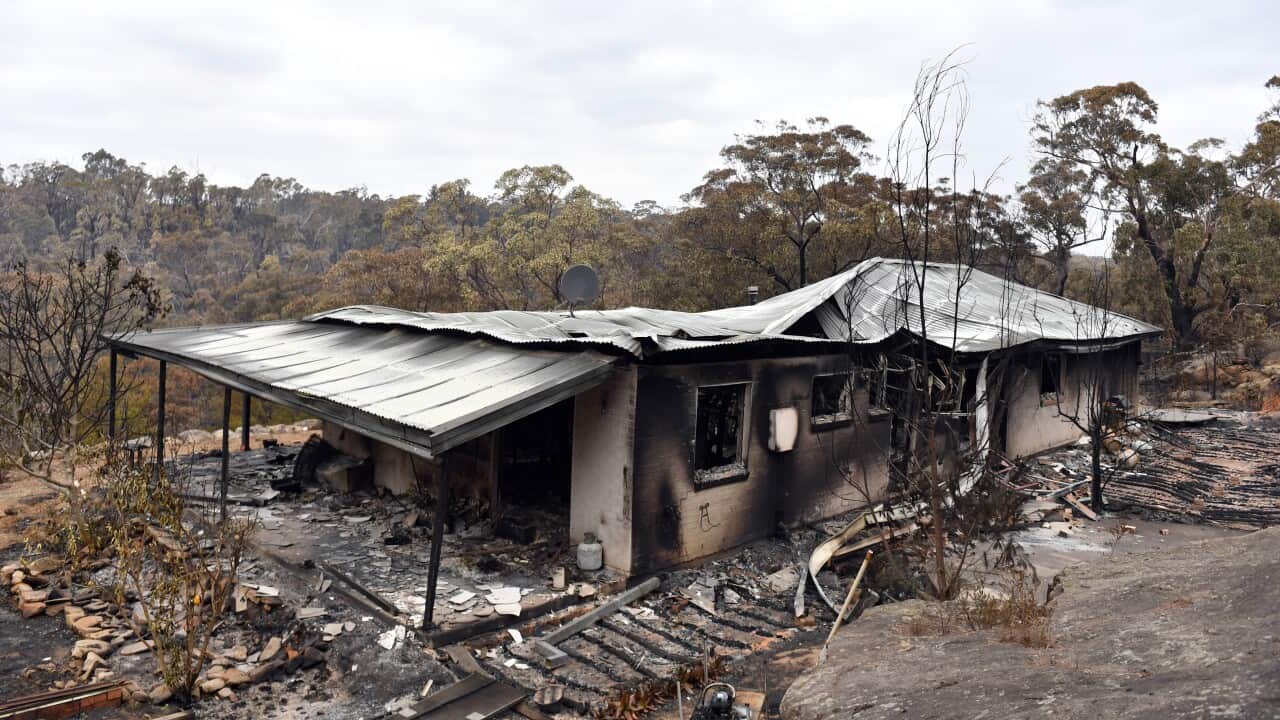 A house damaged by Saturday's catastrophic bushfires in the Southern Highlands village of Balmoral, 120km south west of Sydney, Monday, December 23, 2019. (AAP Image/Mick Tsikas) NO ARCHIVING
