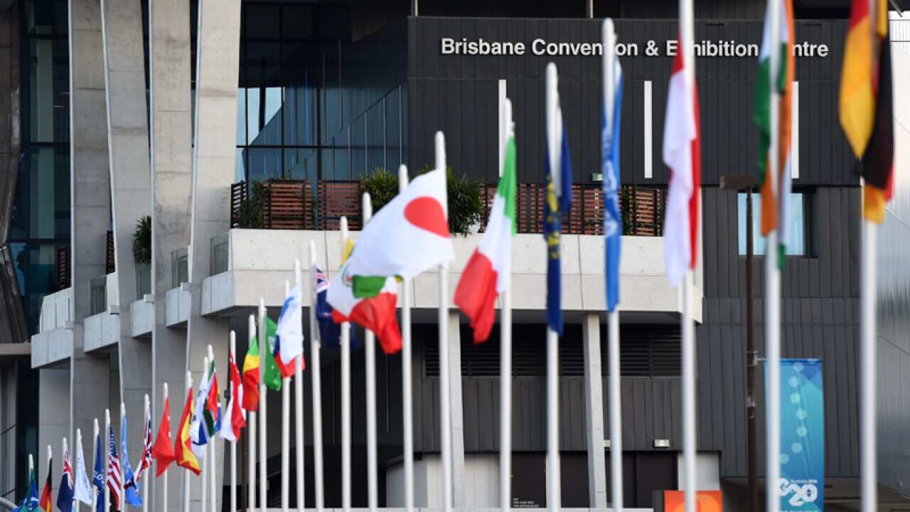 World flags outside the Brisbane Convention centre.