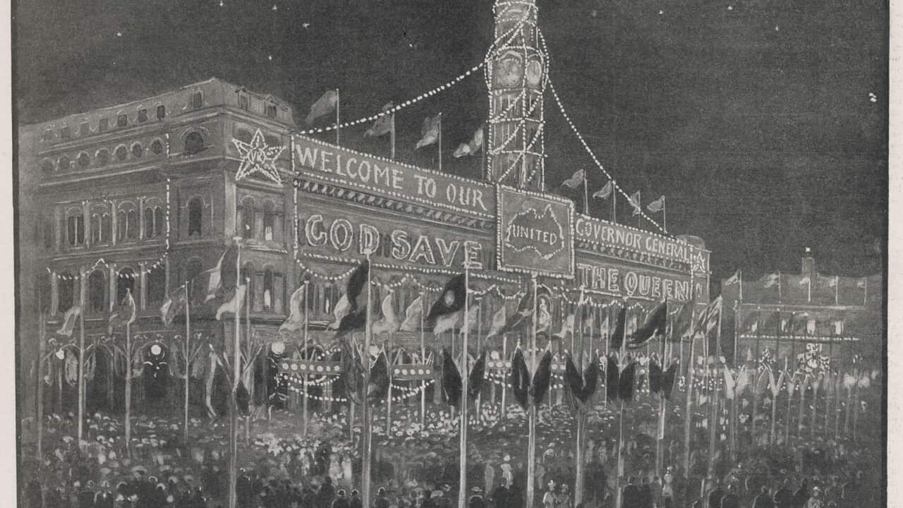 When the Constitution of Australia came into force on 1 January 1901, celebrations included lighting up the Sydney post-office. Drawing by C H Hunt reproduced in The Illustrated London News, 16th February 1901