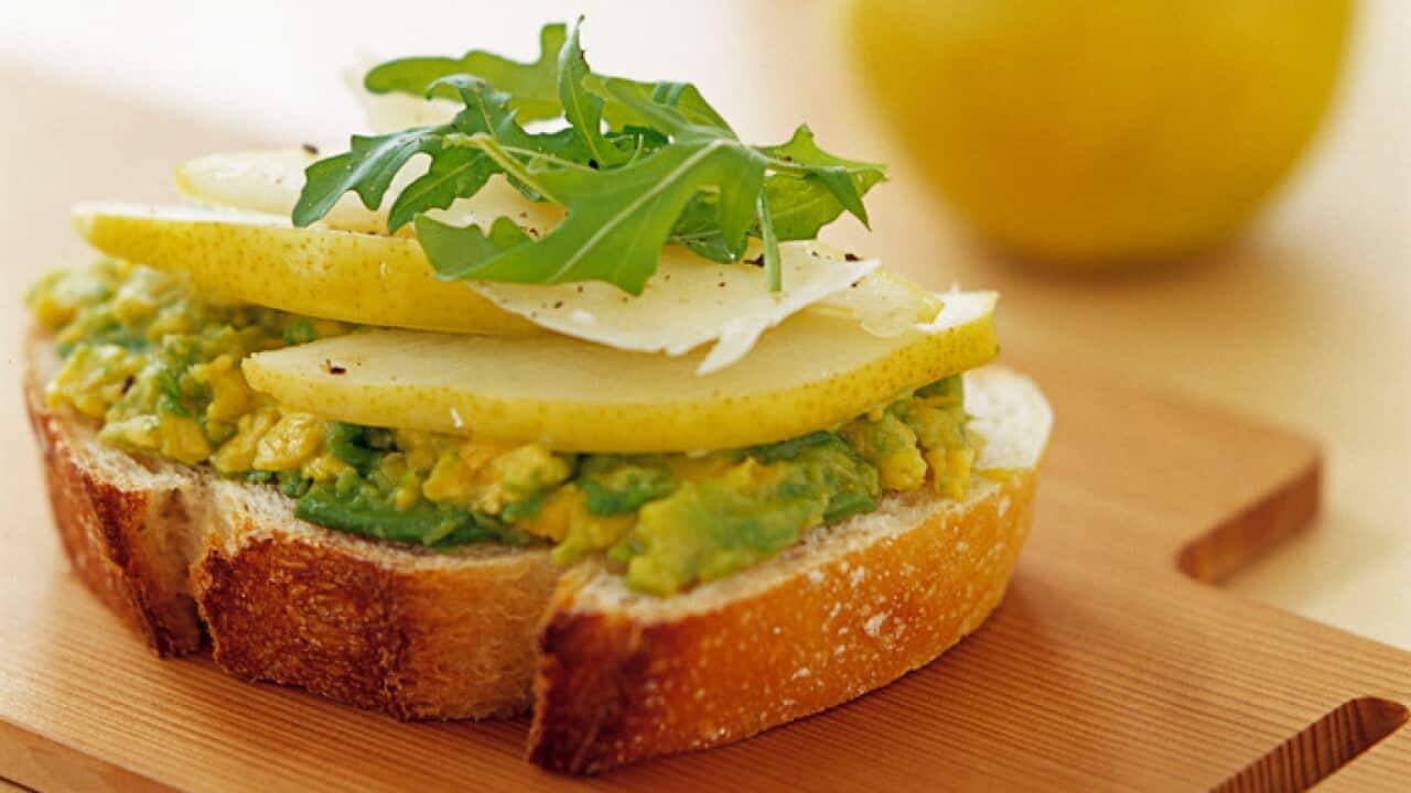 A supplied image obtained Monday, March 25, 2013 of a pear-avocado-rocket sandwich. 85 to 95 per cent of all pears in Australia are grown in Shepparton. (AAP Image/Supplied by Impact Communications) NO ARCHIVING, EDITORIAL USE ONLY