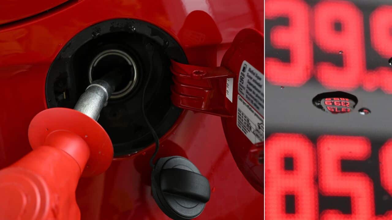 A composite pic of a car's petrol tank and a petrol price board