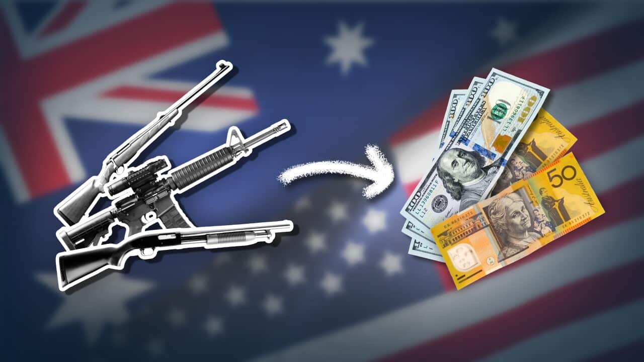 Image of firearms and an arrow pointing to Australian and US notes, reflecting monetary compensation in gun buy-back schemes.
