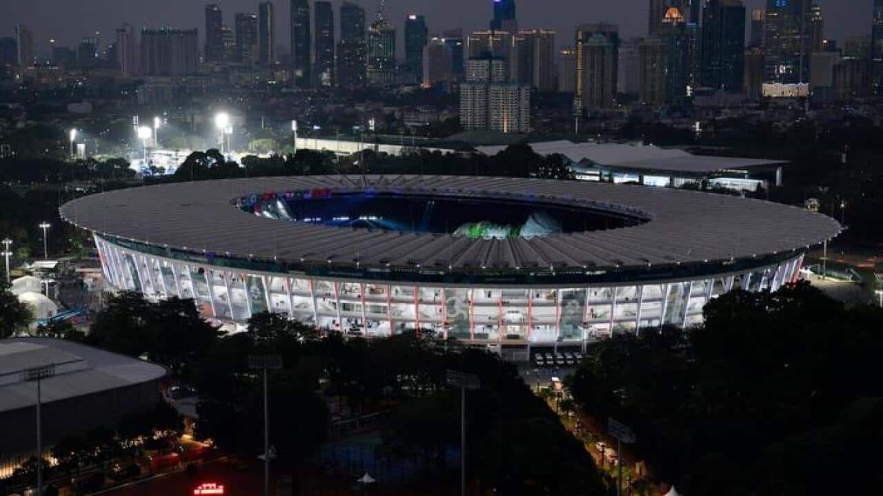 Photo taken on Aug. 16, 2018 in Jakarta shows Gelora Bung Karno Stadium, the main venue for the Aug. 18-Sept. 2 Asian Games in Palembang and the Indonesian capital. (Kyodo via AP Images) ==Kyodo