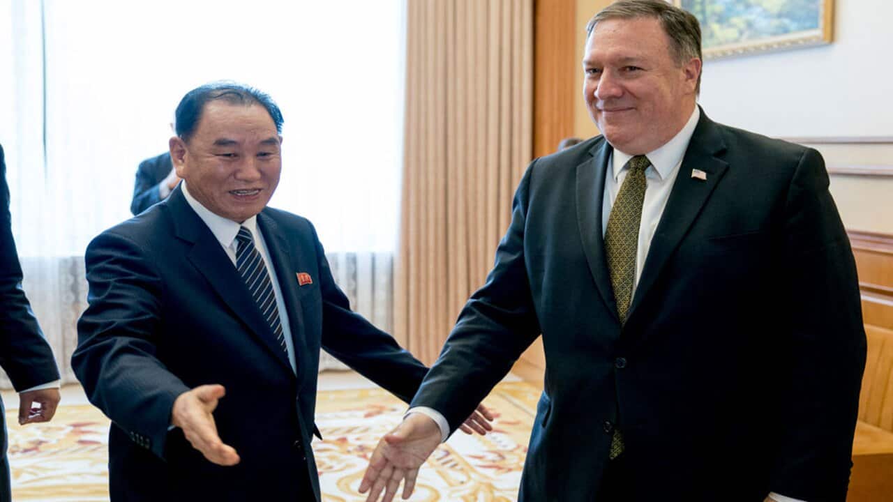 US Secretary of State Mike Pompeo (R) and Kim Yong Chol (L),
