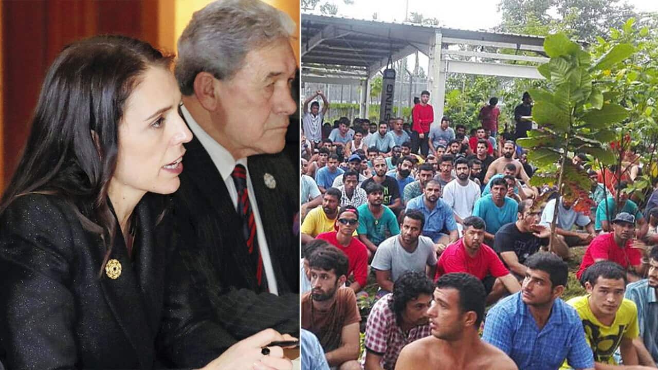 Left: Jacinda Ardern / Right: File image of Asylum Seekers and Refugees protesting on Manus Island.