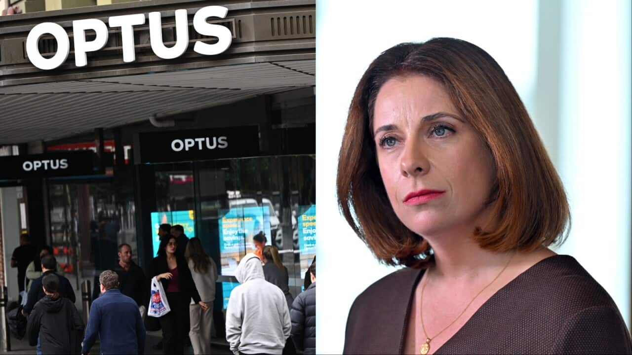 A composite image of people outside an Optus store and a woman with short hair.