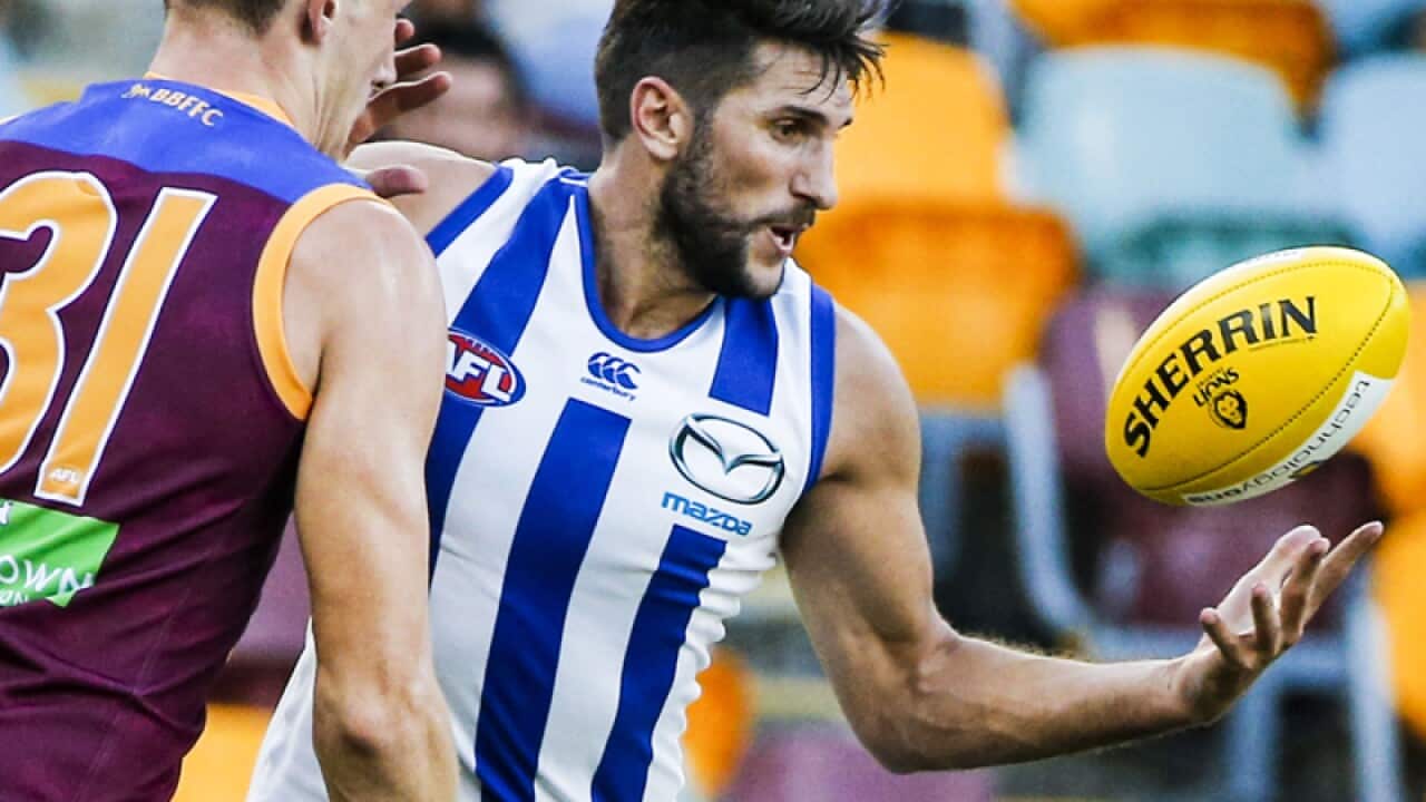 Harris Andrews of the Lions and Jarrad Waite (R) of North Melbourne