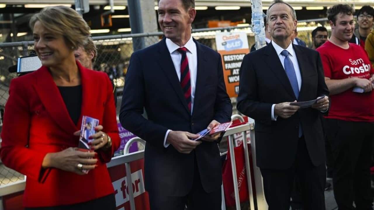 Kristina Keneally, candidate Sam Crosby and Bill Shorten in Rhodes.