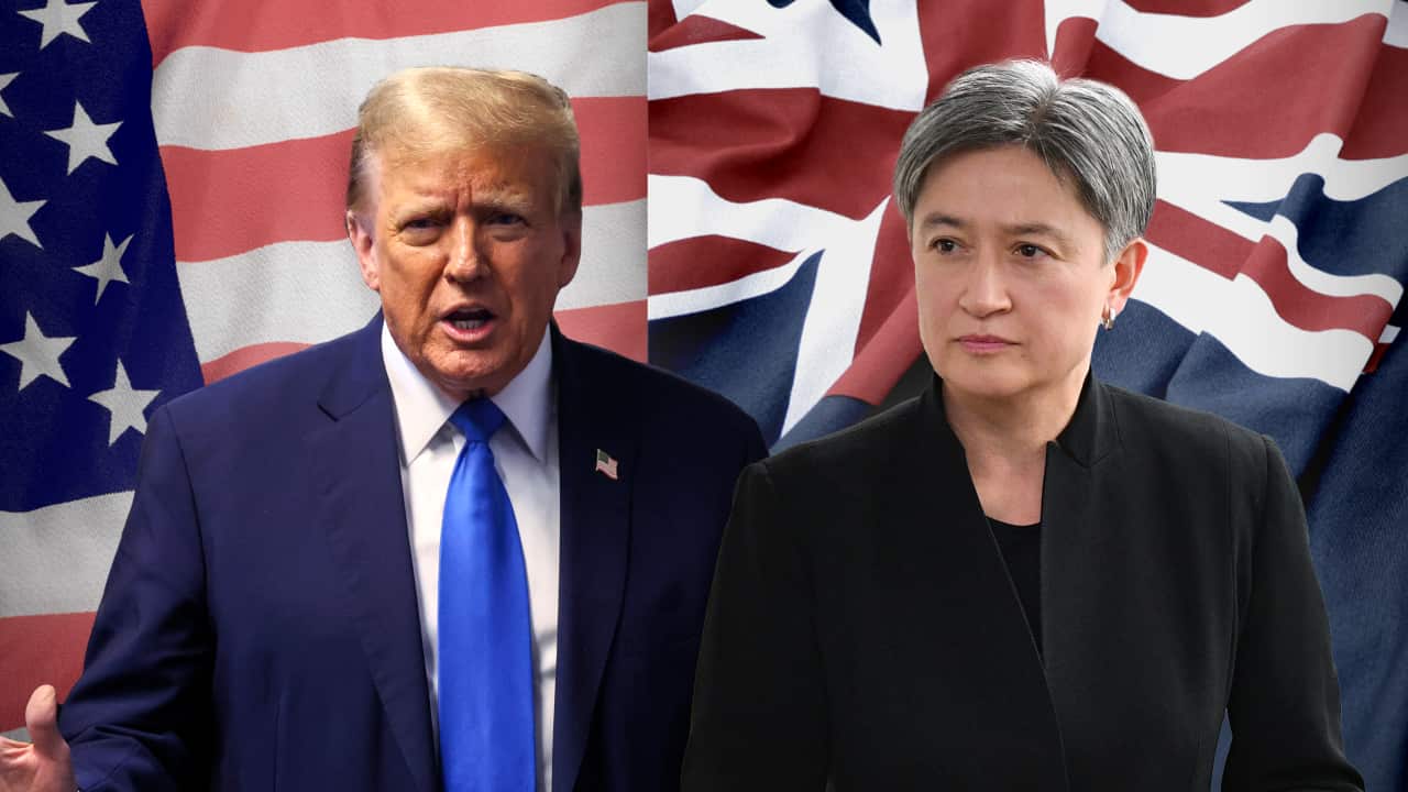 A split image of a man in a blue suit and matching tie standing in front of the US flag on the left, and a woman in a dark blazer standing in front of the Australian flag.