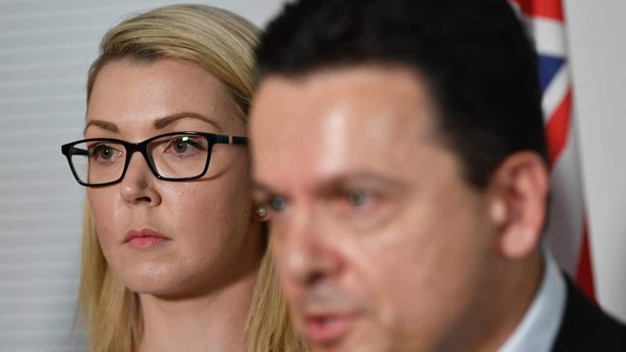 Senator Skye Kakoschke-Moore looks on after announcing her resignation