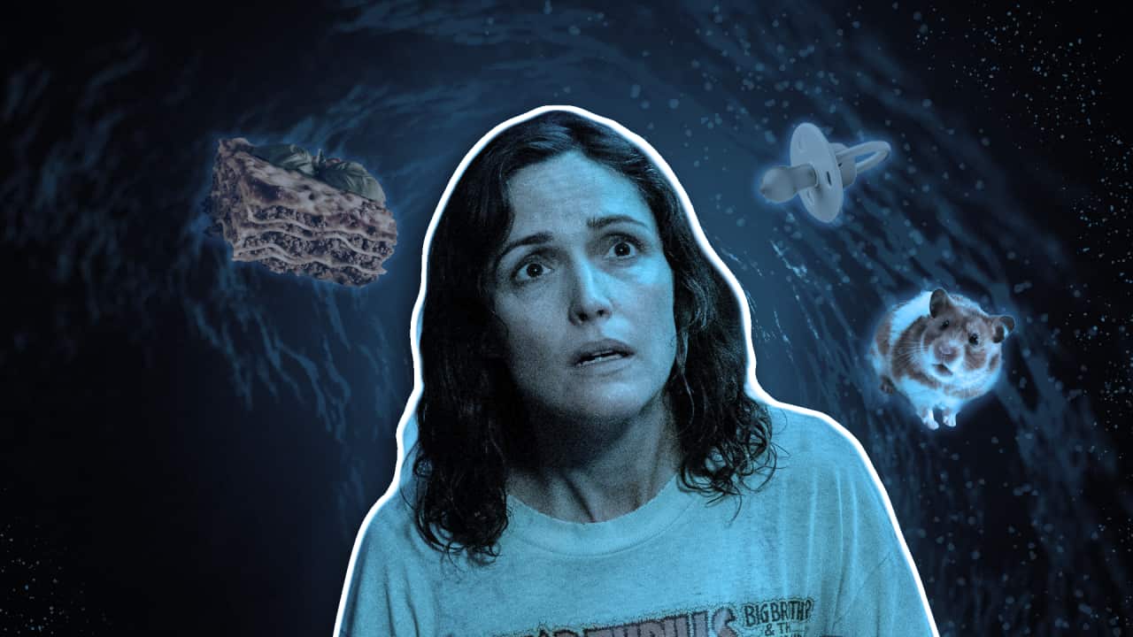 Artwork featuring a woman staring at something above. Around her is dark blue shading. There is a hamster, child's dummy, and a slice of lasagna.