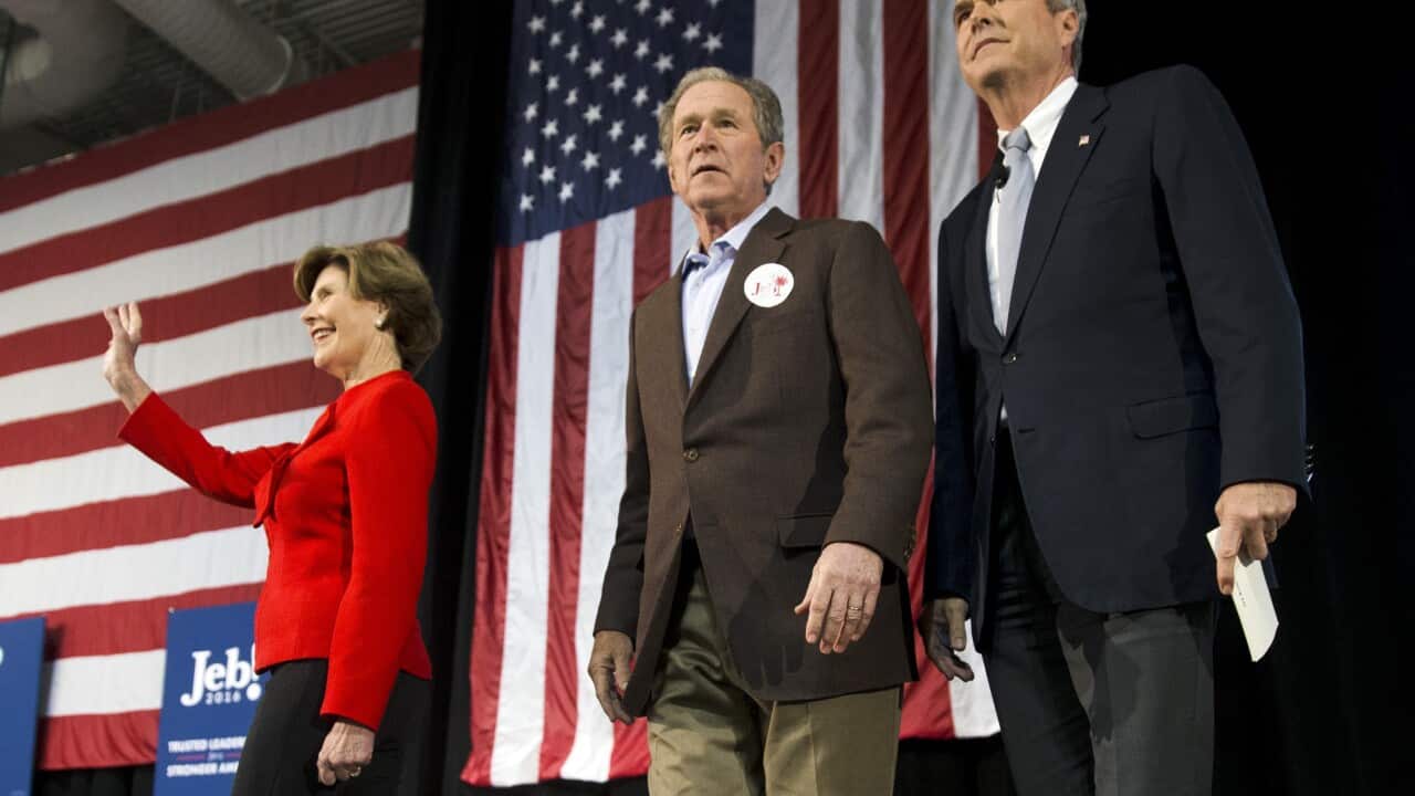 Republican presidential candidate Jeb Bush, right, accompanied by his brother former President George W. Bush.
