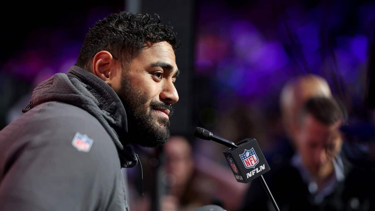 Jordan Mailata of the Philadelphia Eagles speaks to the media