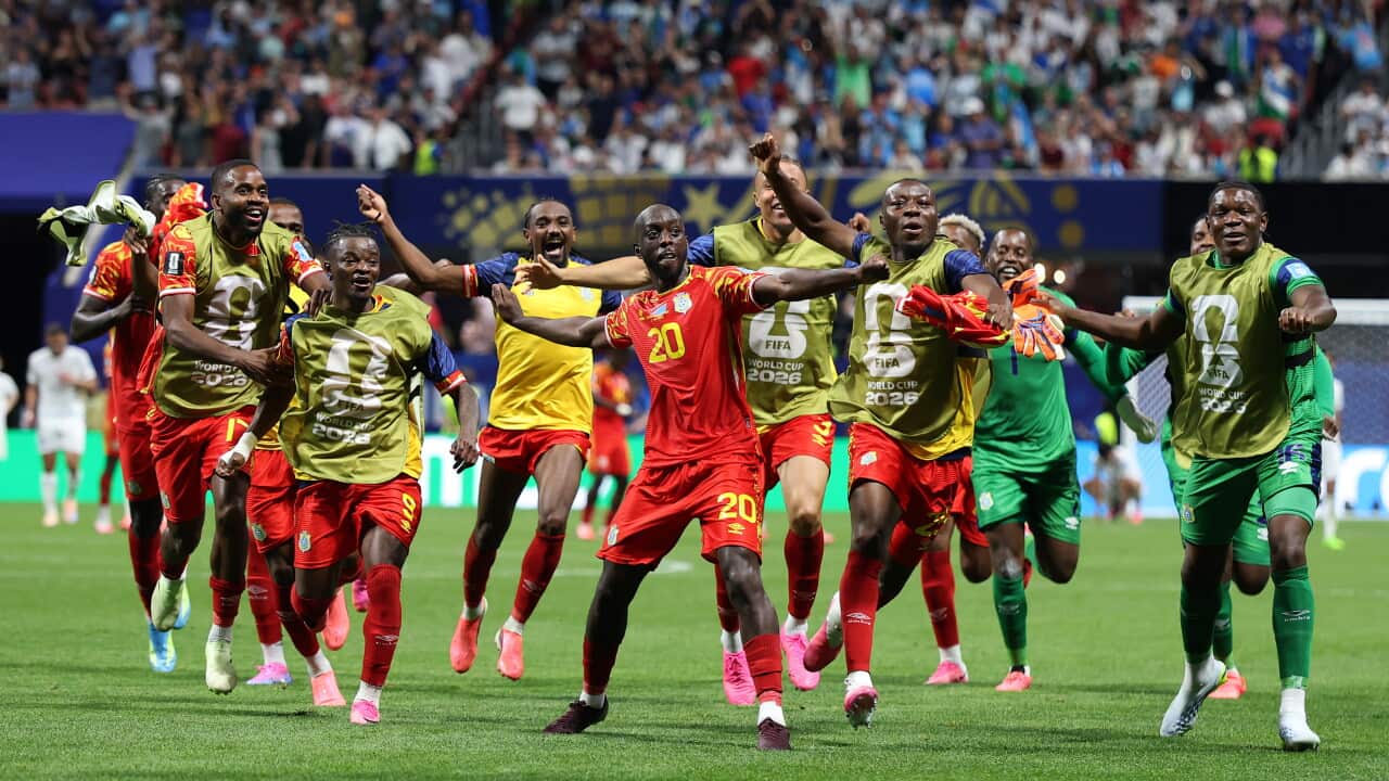 Yoane Wissa #20 of Congo DR celebrates with teammates after scoring the team's second goal at the FIFA World Cup 2026 Group K match between Congo DR and Uzbekistan at Atlanta Stadium on June 27, 2026. (Photo by Molly Darlington/Getty Images)