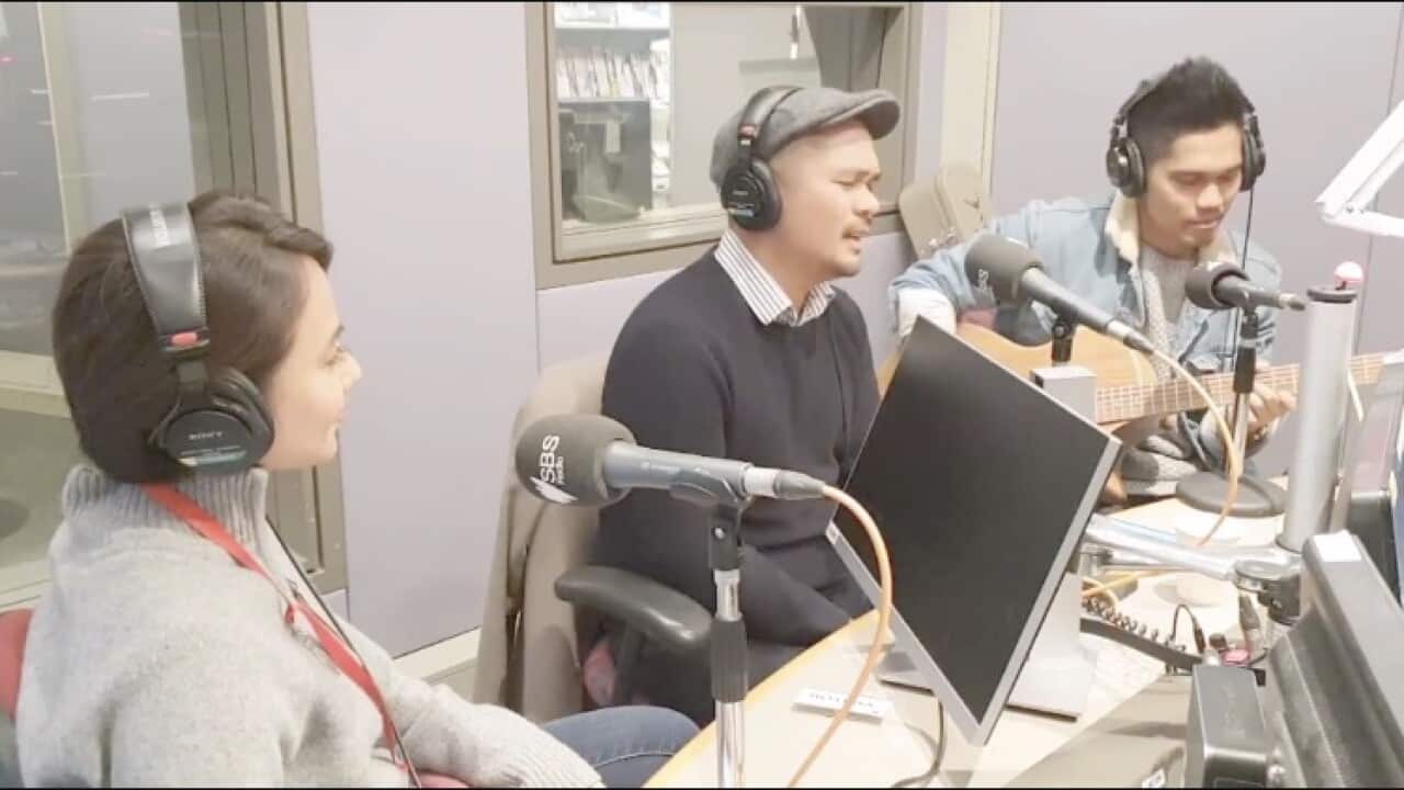 SBS Filipino Producer Claudette Centeno Calixto with Melbourne based artists, Herbet Fangon and Marcuz.