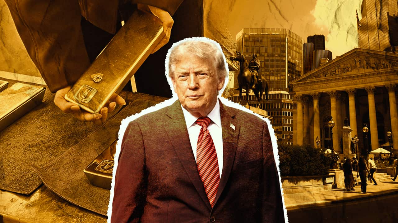 A picture of Donald Trump is superimposed over images of a bank and gold bars.