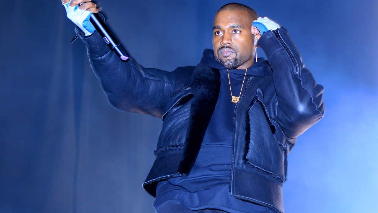 This image released by Starpix shows Kanye West performing at the first annual Roc City Classic in New York's Flatiron District on Thursday, Feb. 12, 2015. (AP Photo/Starpix, Dave Allocca)