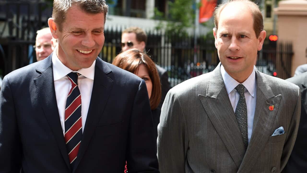 Premier Mike Baird, (L) and Prince Edward, (R)