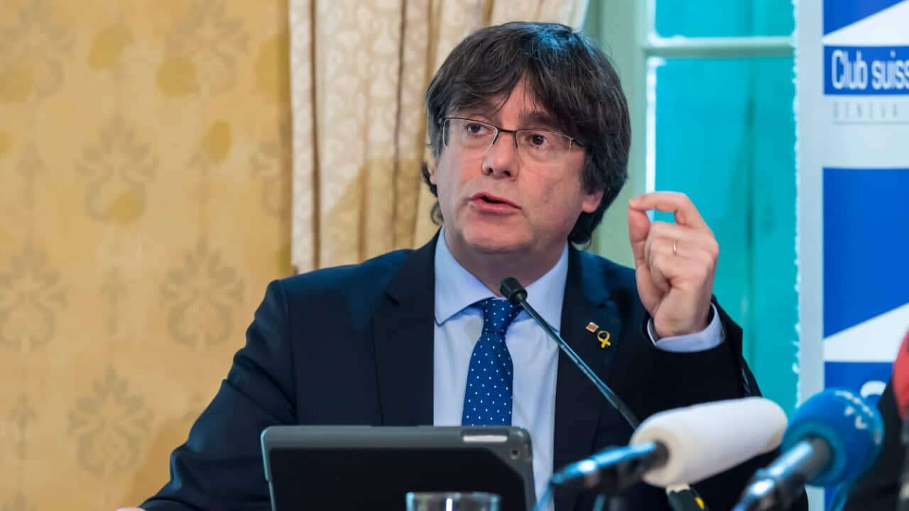 Carles Puigdemont, former President of the Government of Catalonia speaks during a news conference