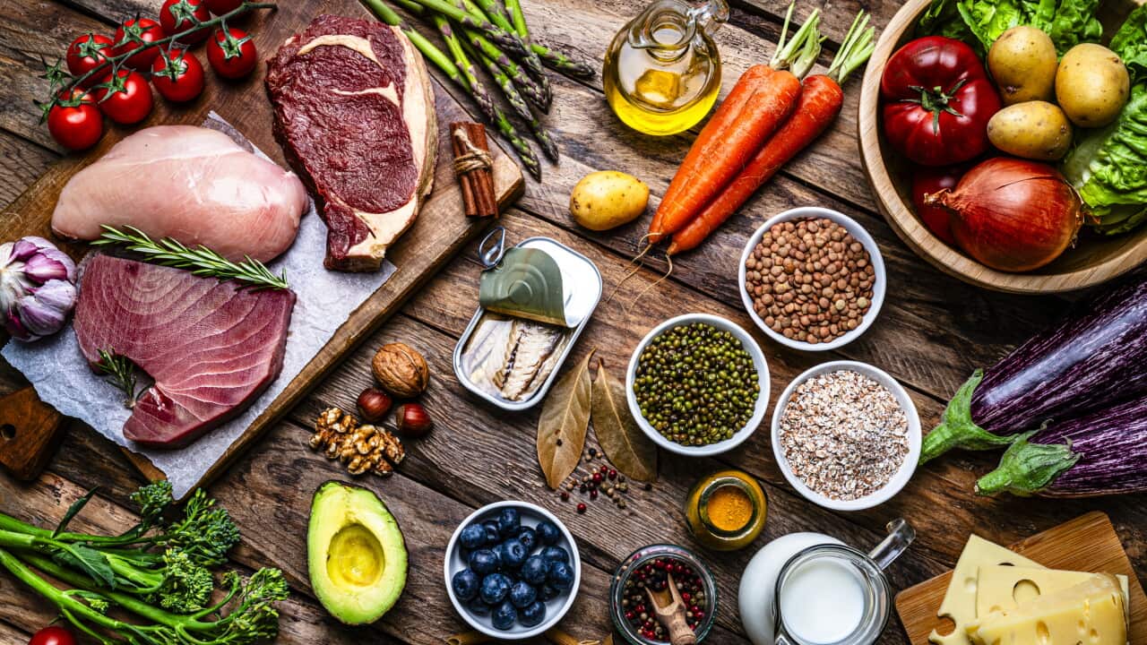 Group of healthy raw ingredients for a well balanced diet