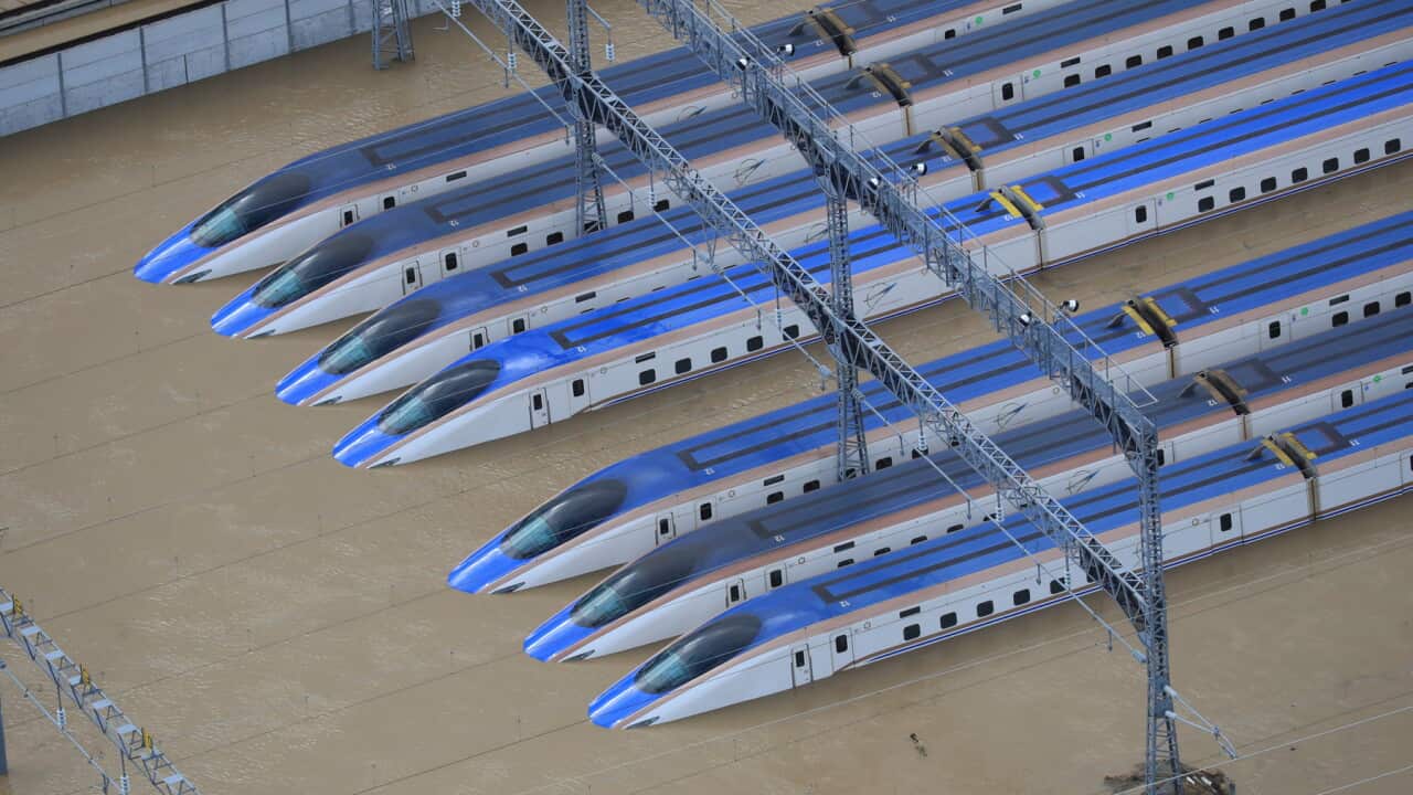 Shinkansen bullet trains covered with water as the banks of Chikuma river collapsed in Nagano city, Japan