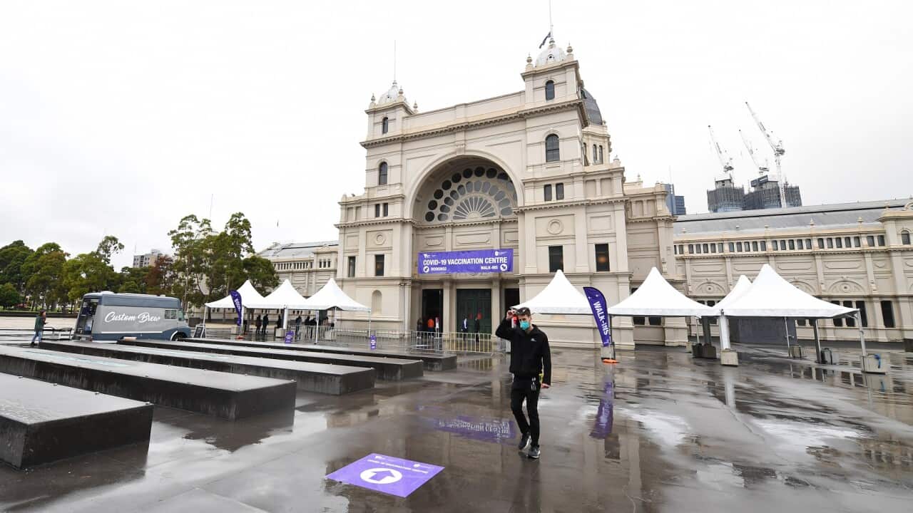 A general view outside the vaccination centre at the Royal Exhibition Building in Melbourne, Friday, June 18, 2021. Victoria has recorded one new case of locally acquired case of Covid-19 in the past 24 hours. (AAP Image/James Ross) NO ARCHIVING