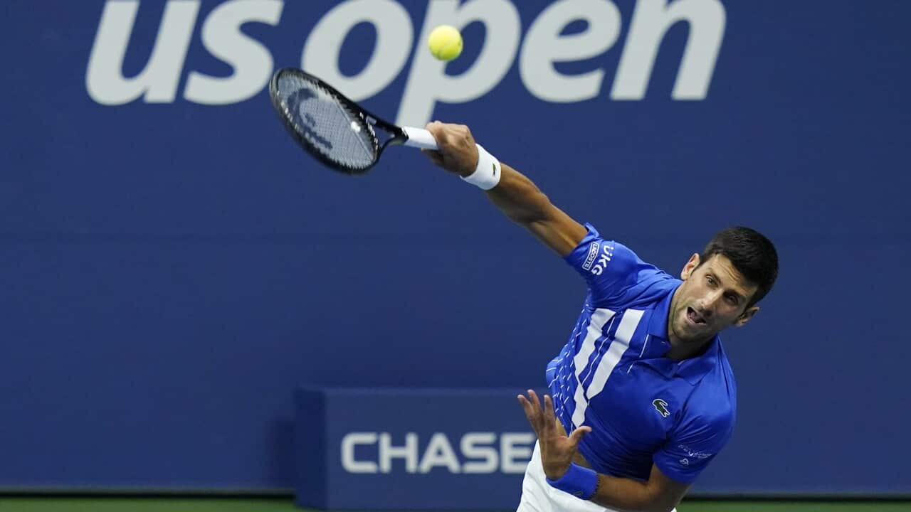 Novak Djokovic, of Serbia, serves to Jan-Lennard Struff, of Germany, during the third round of the U.S. Open tennis championships in New York, in this Friday, Sept. 4, 2020, file photo. Djokovic will begin his bid to win the U.S. Open for a mens-record 21