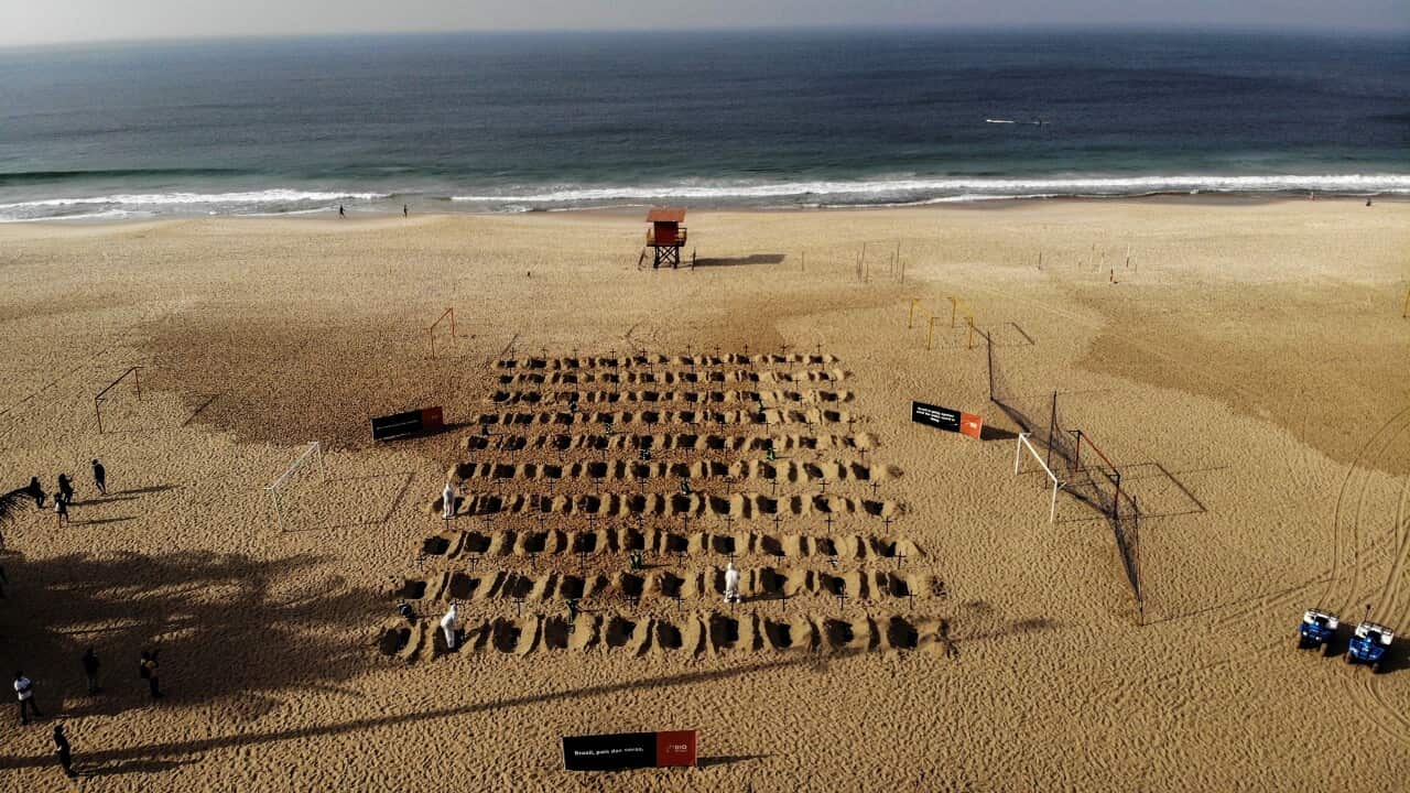 One hundred and ten crosses on Copacabana Beach aim to denounce the errors made by Brazil's government in managing the coronavirus crisis.