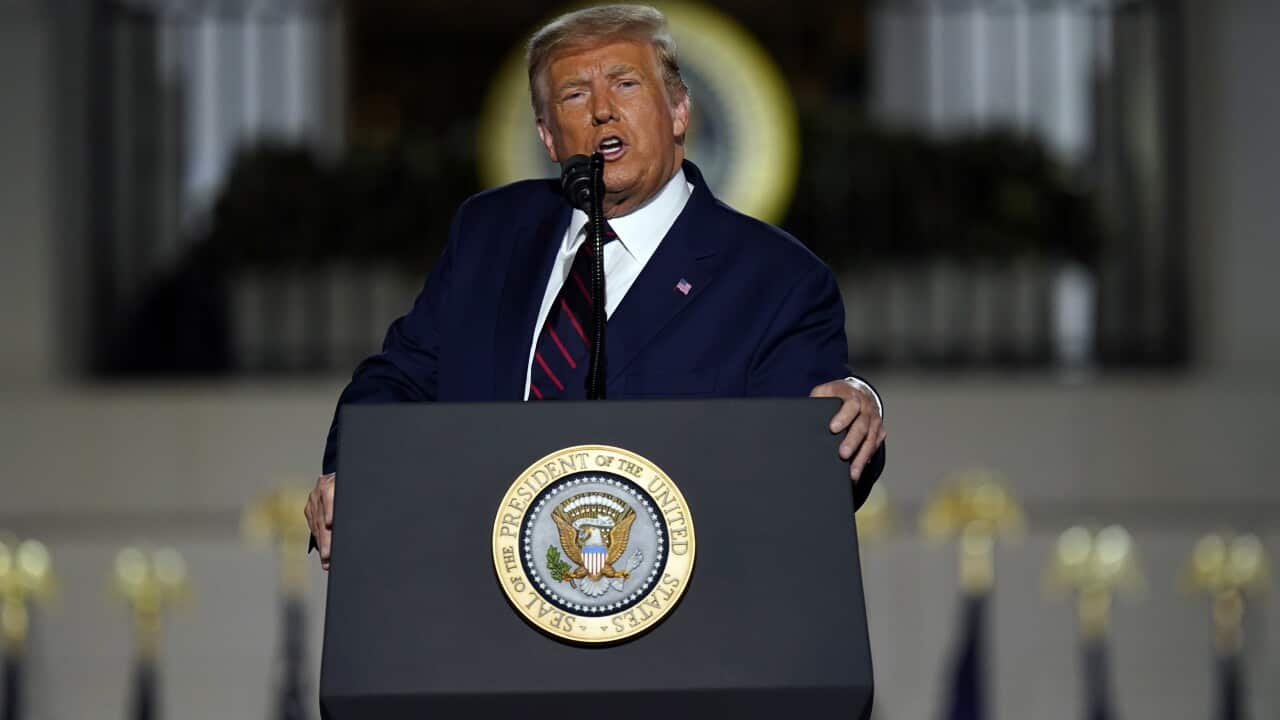President Donald Trump speaks from the South Lawn of the White House on the fourth day of the Republican National Convention, Thursday, Aug. 27, 2020, in Washington. (AP Photo/Evan Vucci)