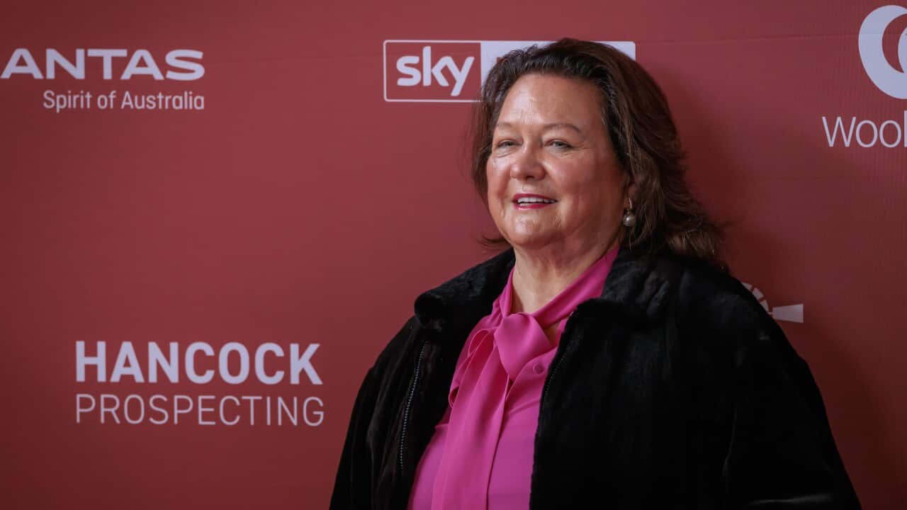A woman wearing a pink blouse and a black suit is standing in front of a red background.