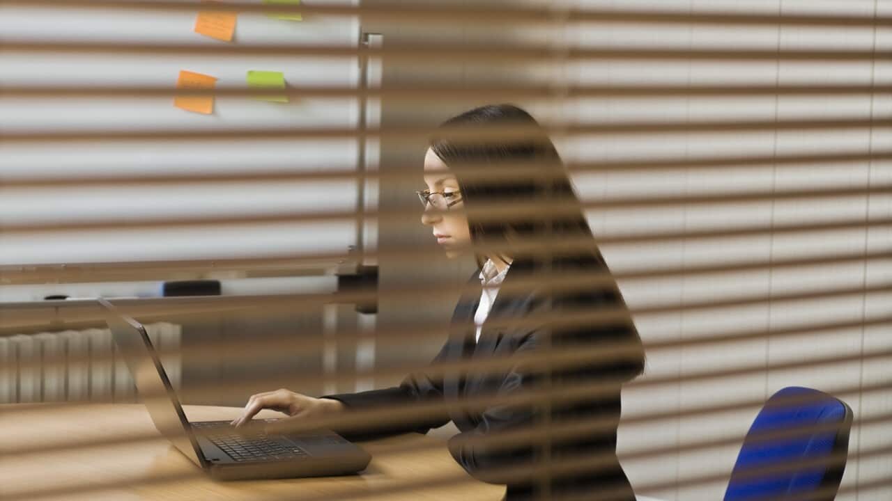 Woman workng in office view through blinds