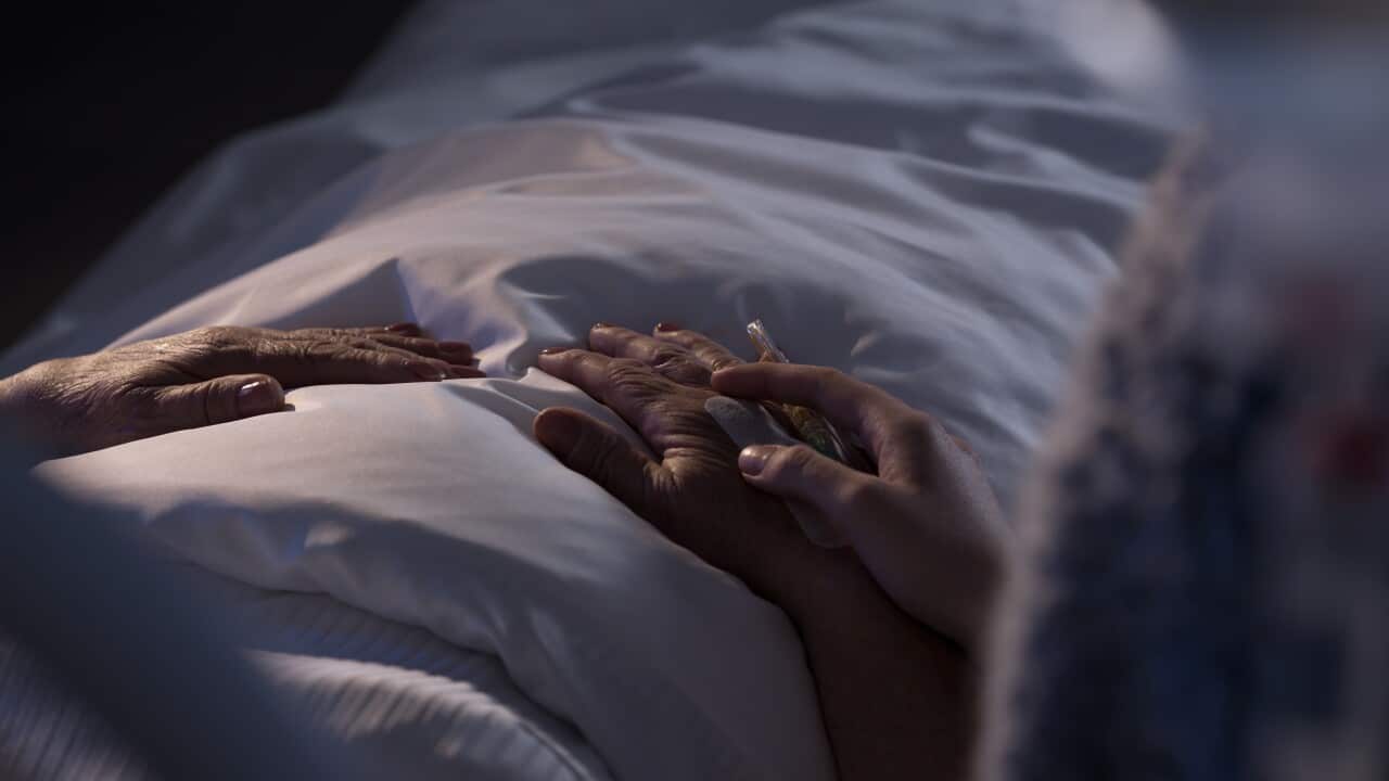 A terminally ill patient in a hospital bed as a person sits next to them with their hand on the person in the bed's hand.