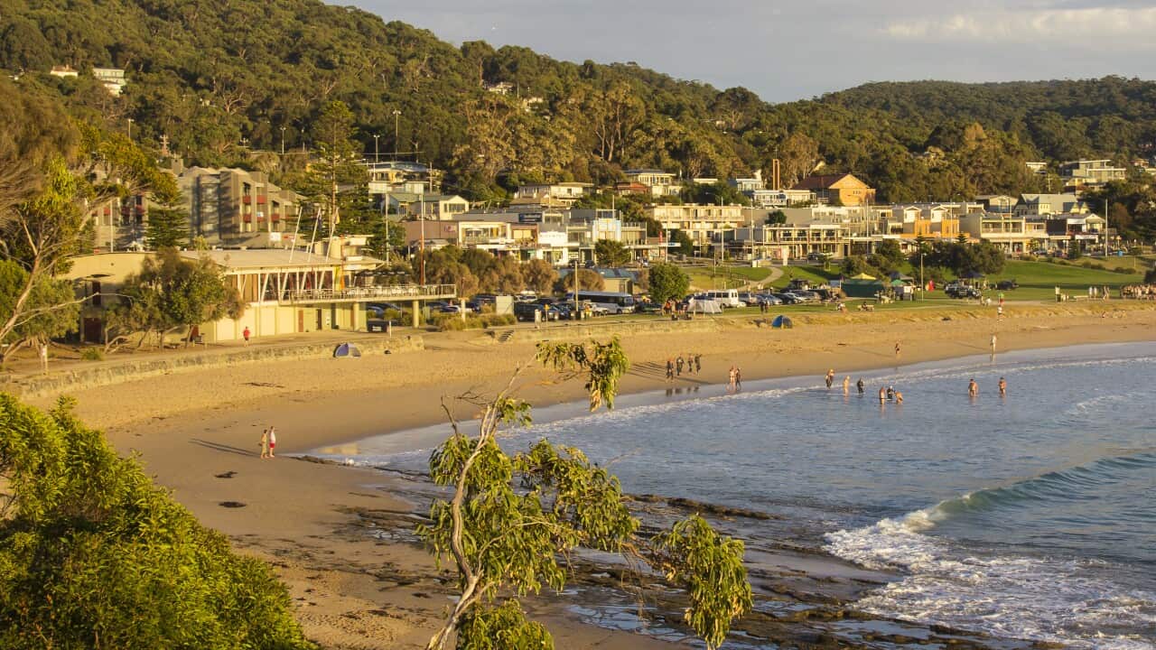 Lorne Surf Life Saving Club and township at sunrise