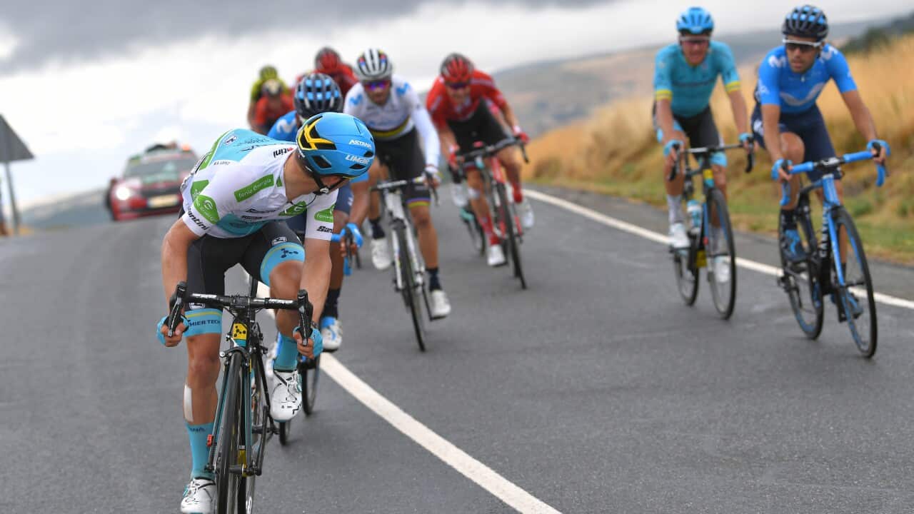 Miguel Angel Lopez looks back as he attacks on Stage 20 of the 2019 Vuelta a Espana (Getty)