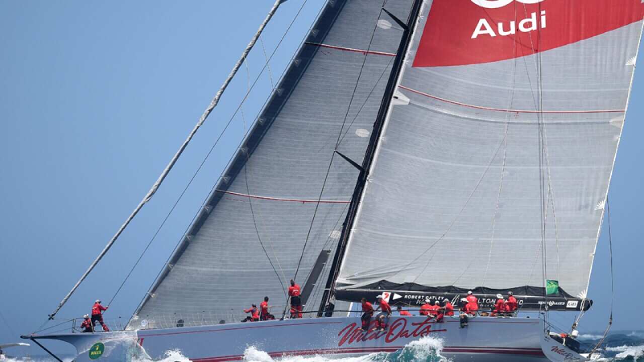 Wild Oats XI makes her way through the Sydney harbour heads