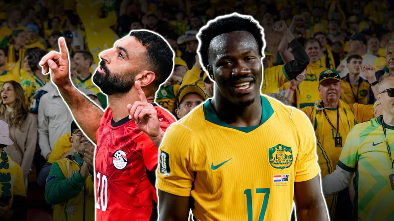 A promotional graphic for an Australia vs Egypt football match shows an Egyptian player in a red jersey pointing upward beside an Australian player in a yellow Socceroos jersey smiling in front of a crowd of fans dressed in green and gold.