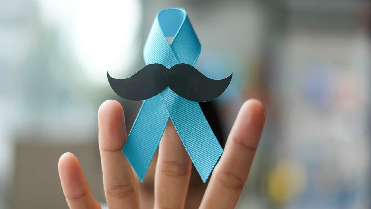 Cropped Image Of Hand Holding Blue Ribbon With Mustache