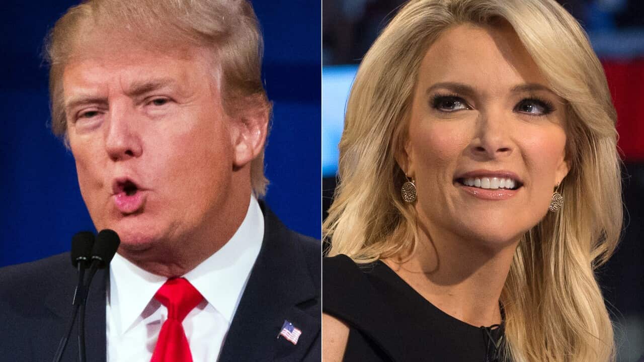 Photos shows republican presidential candidate Donald Trump, left, and Fox News Channel host and moderator Megyn Kelly. (AAP)