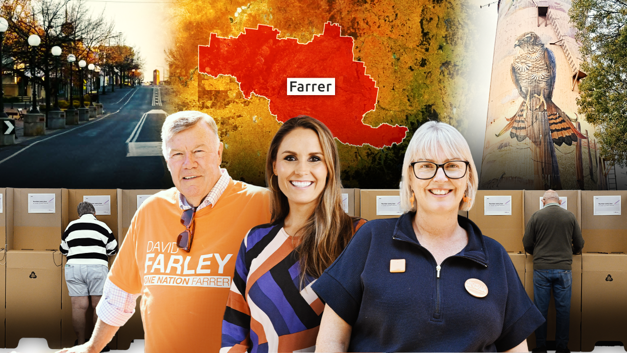 A composite images showing three candidates and images of voting and scenery in the background.