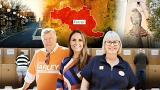 A composite images showing three candidates and images of voting and scenery in the background.