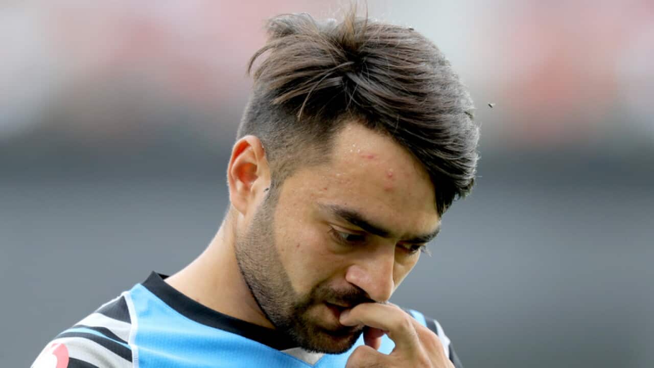 Rashid Khan of the Strikers is seen during the Big Bash League (BBL) match between the Perth Scorchers and the Adelaide Strikers.