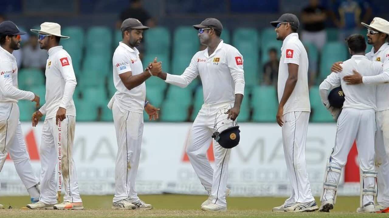 Sri Lankan players celebrate their win over South Africa