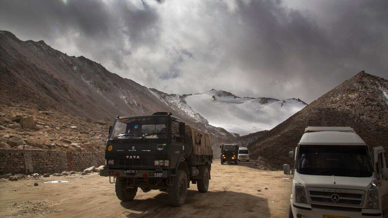 An Indian Army truck crossing the Chang La pass in Ladakh, close to the Line of Actual Control, in 2018