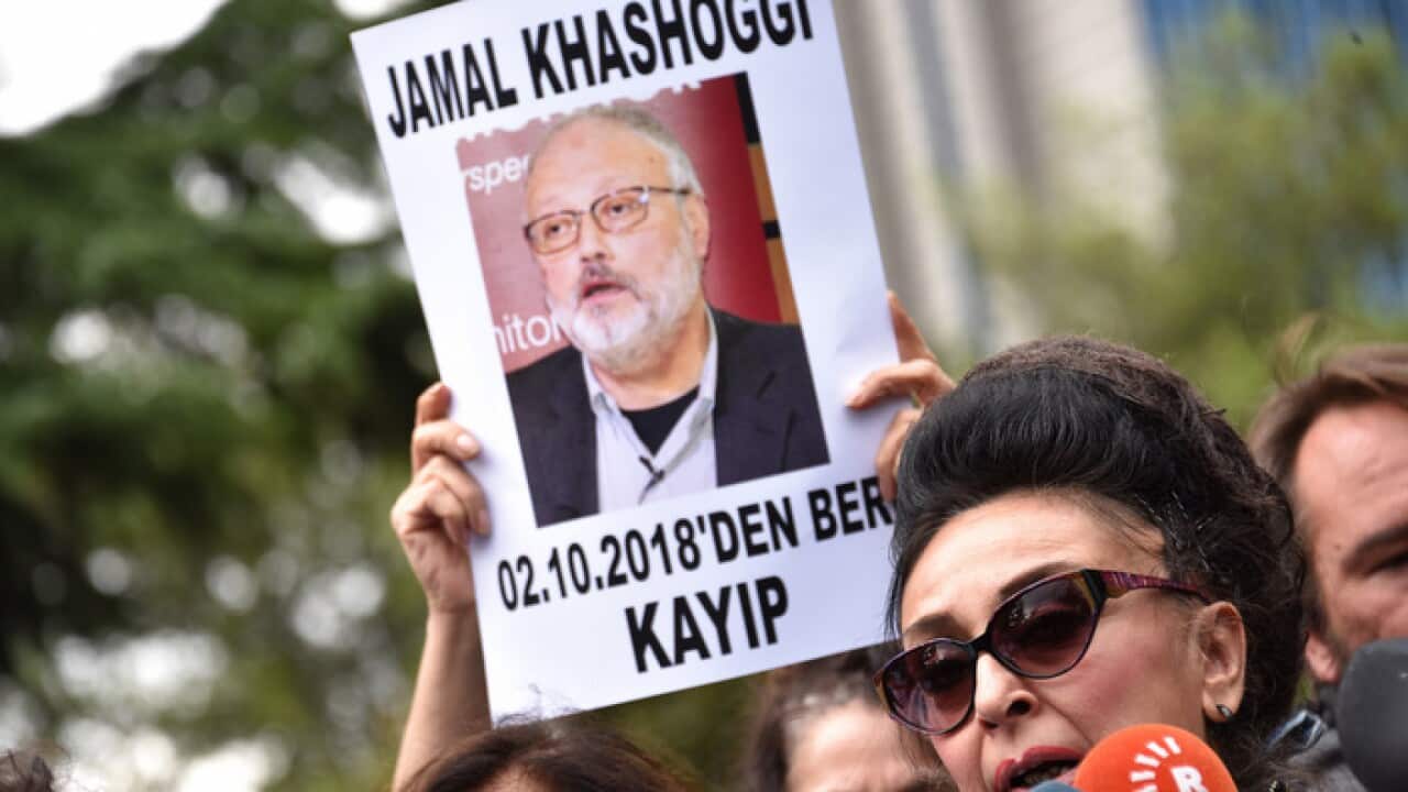 Protestors demonstrate at the entrance of Saudi Arabia consulate over the disappearance of Saudi journalist Jamal Khashoggi