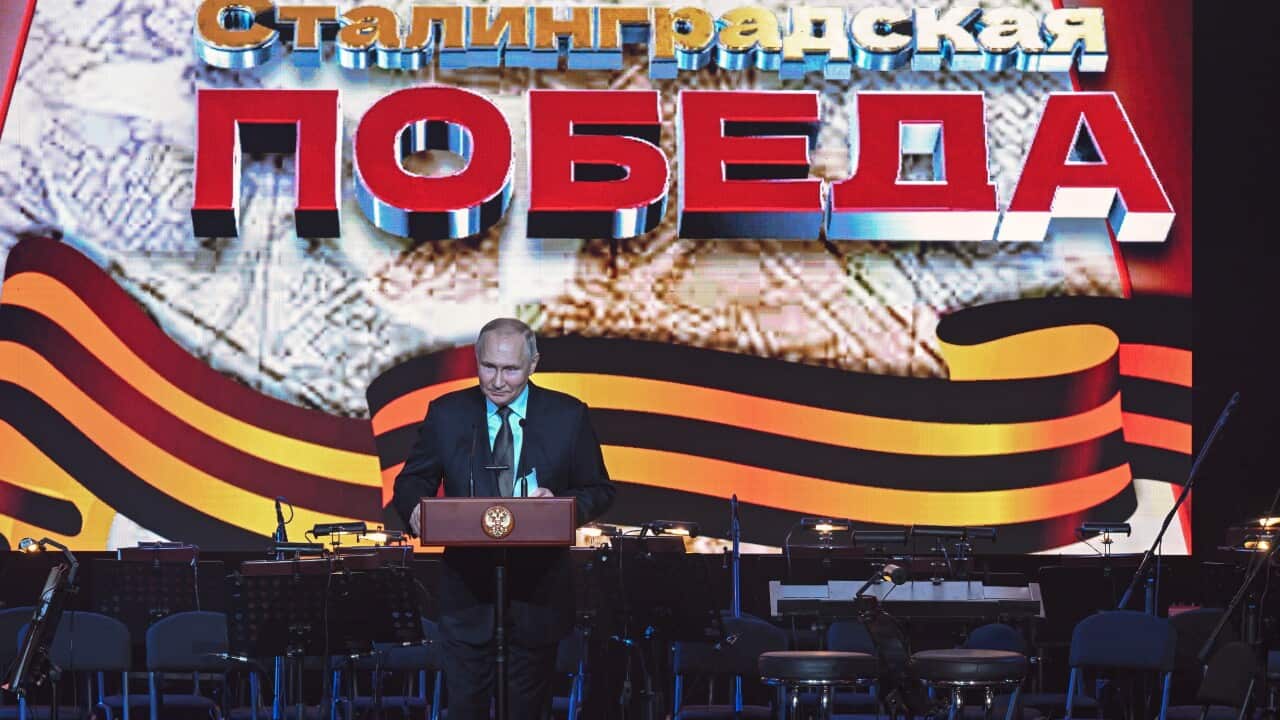 Russian President Vladimir Putin at the lectern for the Stalingrad memorial concert