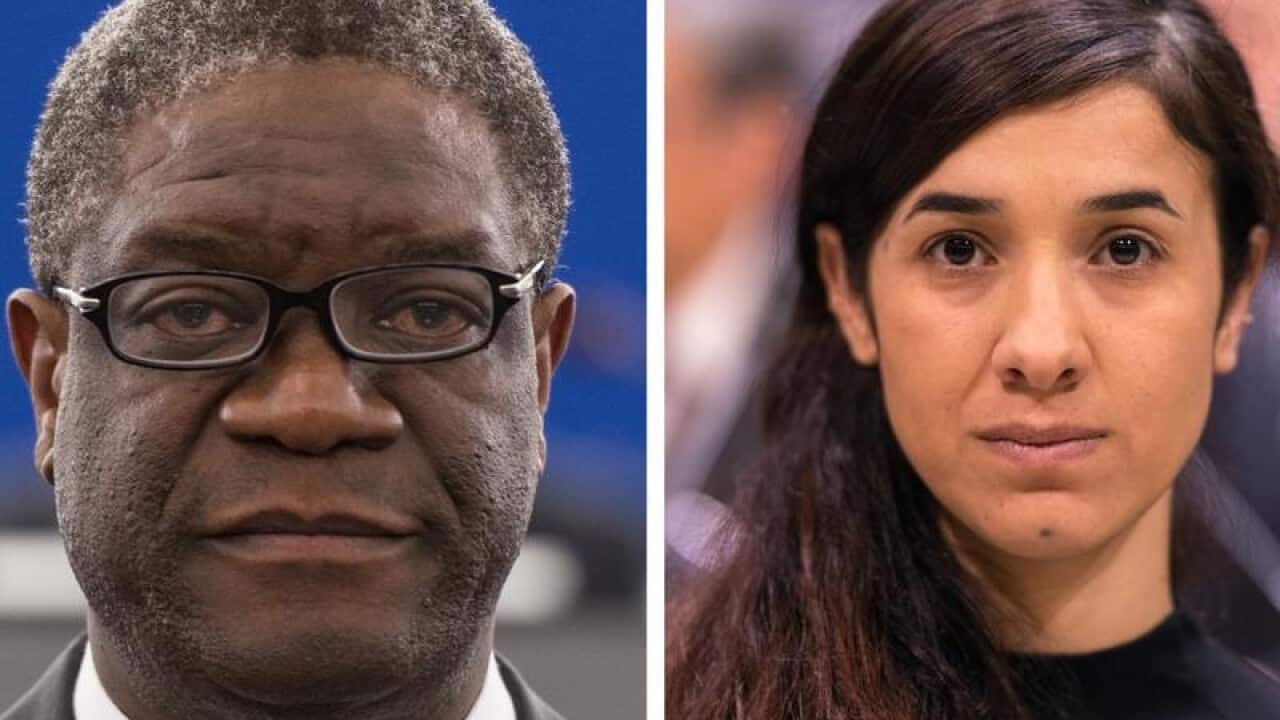 A composite image of Denis Mukwege and Nadia Murad.