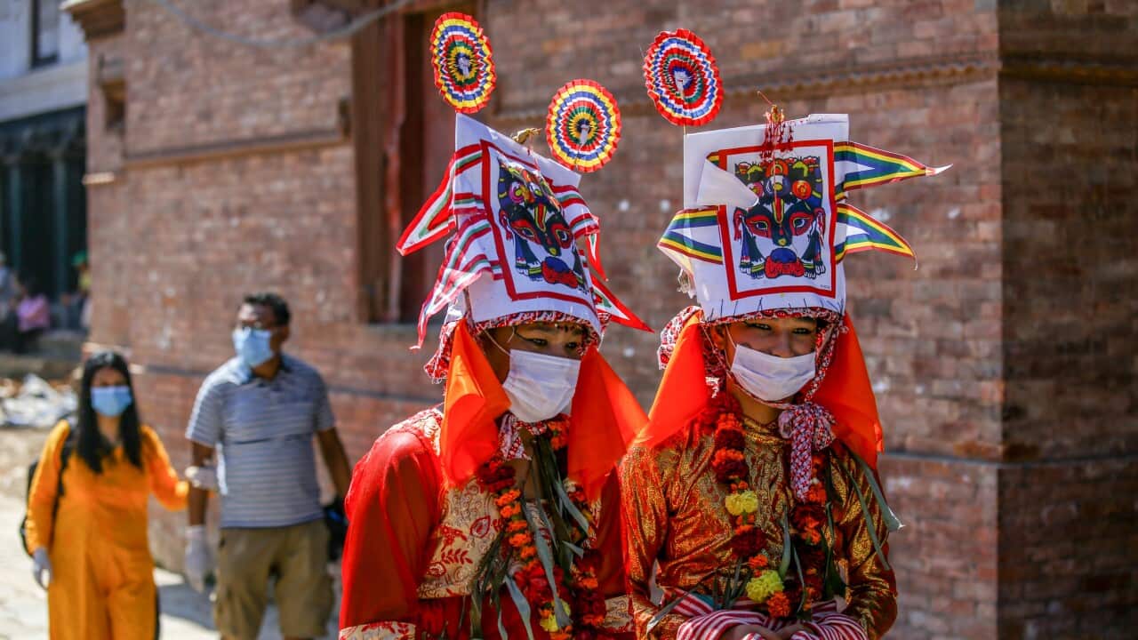 Nepalese kids dressed in costumes during the Gaijatra festival amid Coronavirus (COVID-19) crisis.