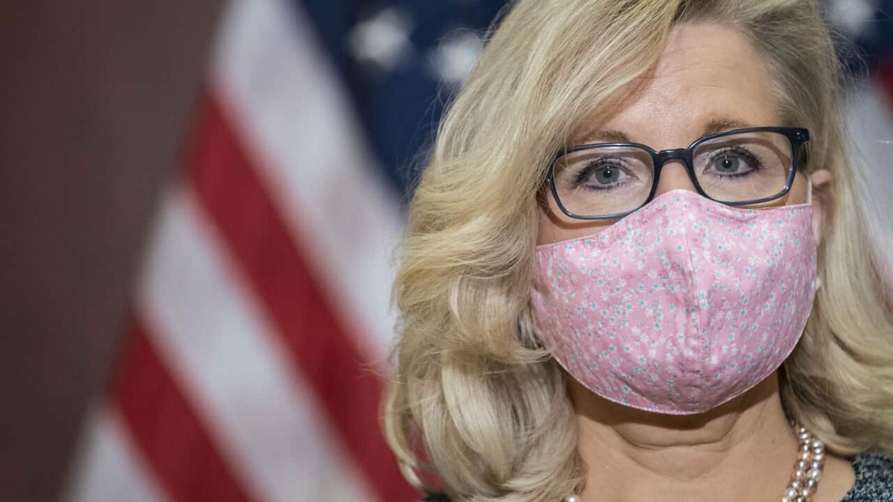 Representative Liz Cheney listens on during a press conference on 20 April, 2021 in Washington, DC.